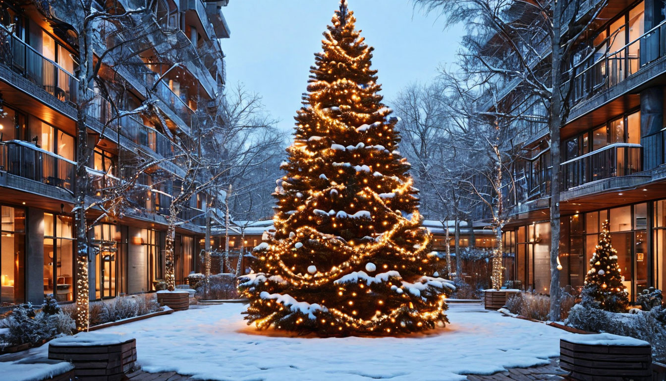 Как украсить уличную новогоднюю елку в 2025 году: минимализм и световые тренды