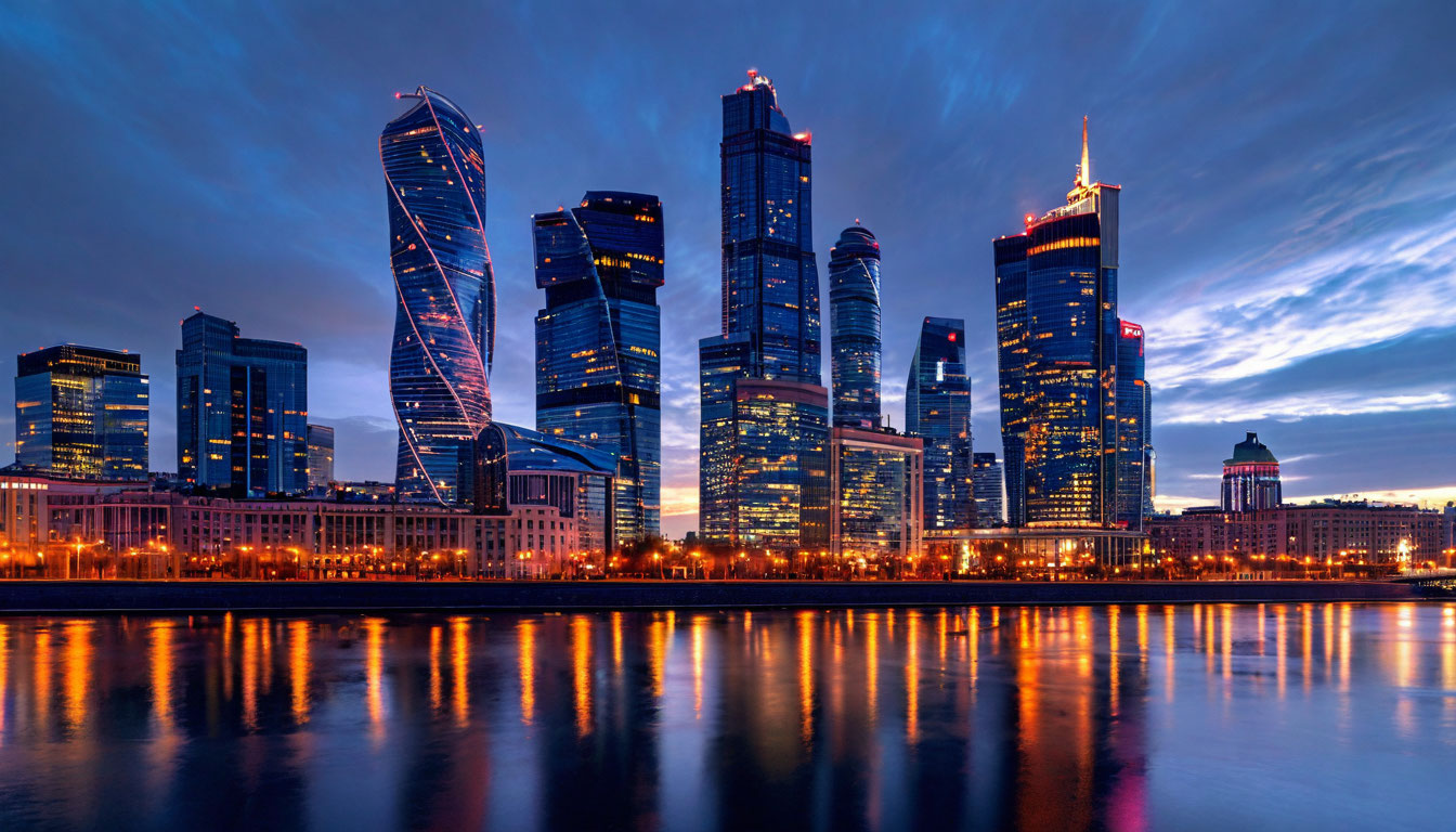 Подсветка зданий Москва-Сити и вид с Москвы-реки