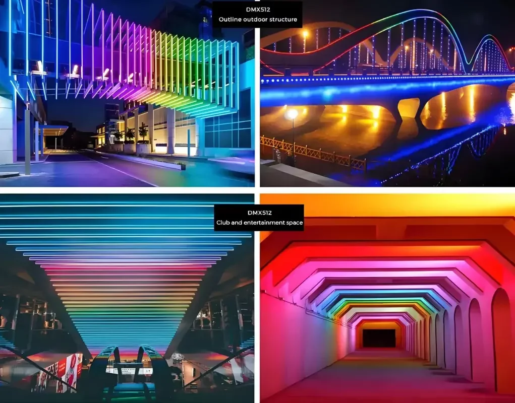 Подсветка фасада здания с помощью водонепроницаемых RGB светодиодных неоновых лент и DMX управления для создания динамических световых эффектов