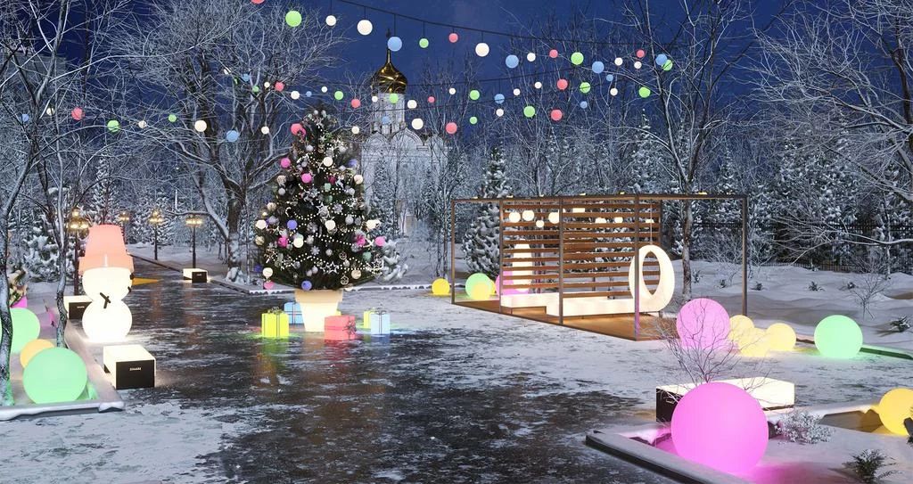 Уличные световые инсталляции с проволочными шарами - оформление фасадов, парков и городских пространств