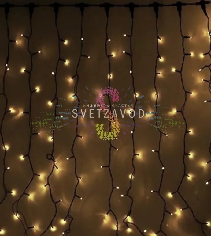 Детальное фото светодиодного дождя Rich Led 2х9м: горизонтальный шлейф 2 метра с 20 вертикальными нитями по 9 метров, черный провод ПВХ, теплые белые светодиоды.