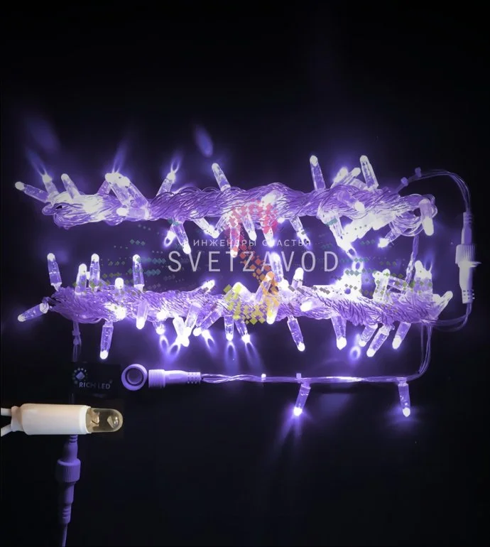 Детальное фото гирлянды-нити Rich Led: фиолетовые светодиоды на прозрачном ПВХ-проводе, защитные колпачки, степень защиты IP65.