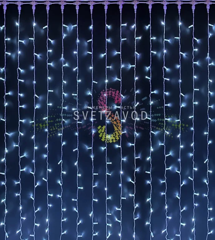 Детальное фото светодиодного дождя Rich Led 2х9м: горизонтальный шлейф с 20 вертикальными нитями, белые светодиоды DIP, защитные колпачки, коннекторы для соединения.