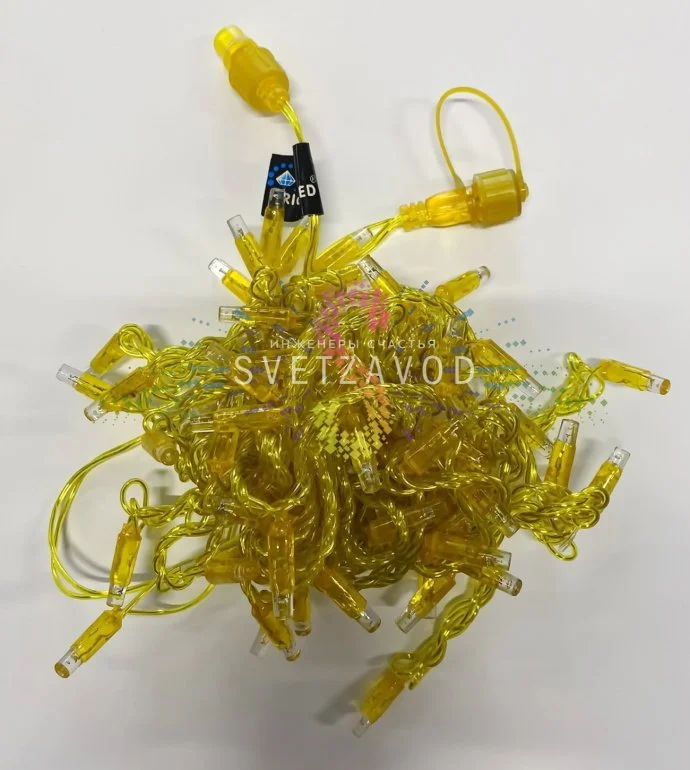 Детальное фото гирлянды-нити Стринг Лайт Rich Led: золотой ПВХ провод, светодиоды DIP с защитными колпачками, расстояние между диодами 10 см.