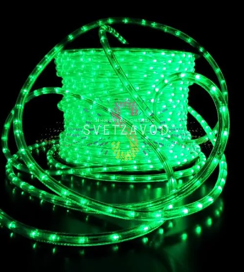 Светодиодный дюралайт, Ø 13мм, 220В, 2W, 36 led/м, фиксинг, зеленый, шаг 2м, 100м
