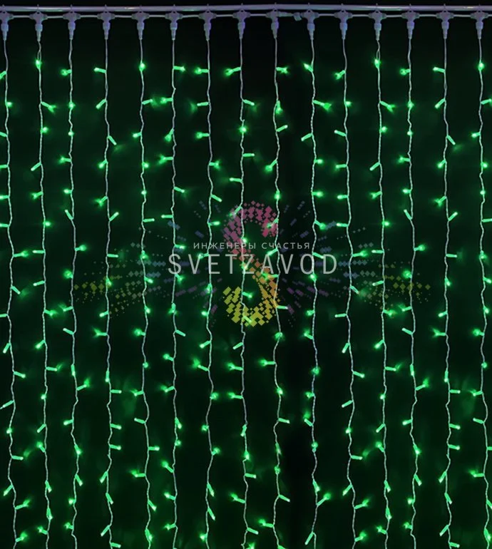 Детальное фото светодиодного дождя Rich Led: горизонтальный шлейф 2 метра с 20 нитями по 3 метра, зеленые светодиоды, белый ПВХ провод, IP65.