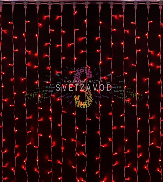 Детальное фото светодиодного дождя Rich Led: 20 нитей по 3 метра, 600 красных светодиодов, белый ПВХ провод, IP65, подключение 220В.