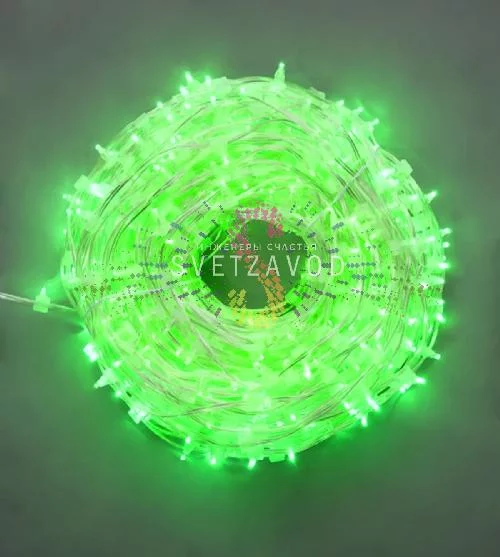 Клип Лайт 12В, мерцающий, GF, зеленый, 667 LED, 100м, прозрачный ПВХ, с защитным колпачком, IP64