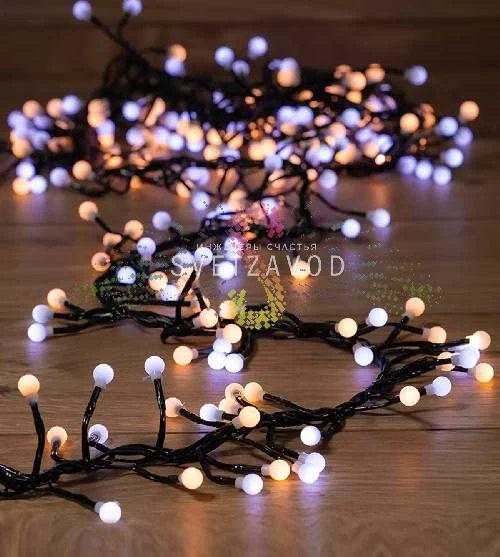 Гирлянда Мишура, 3м, 288led, 220В, черный ПВХ, белая+теплая белая, с блоком питания