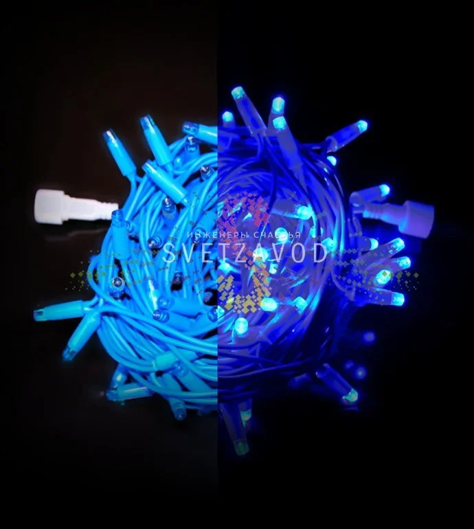 Детальное фото гирлянды Стринг Лайт Rich Led: синий каучуковый провод, светодиоды, защитные колпачки, длина 10 метров.