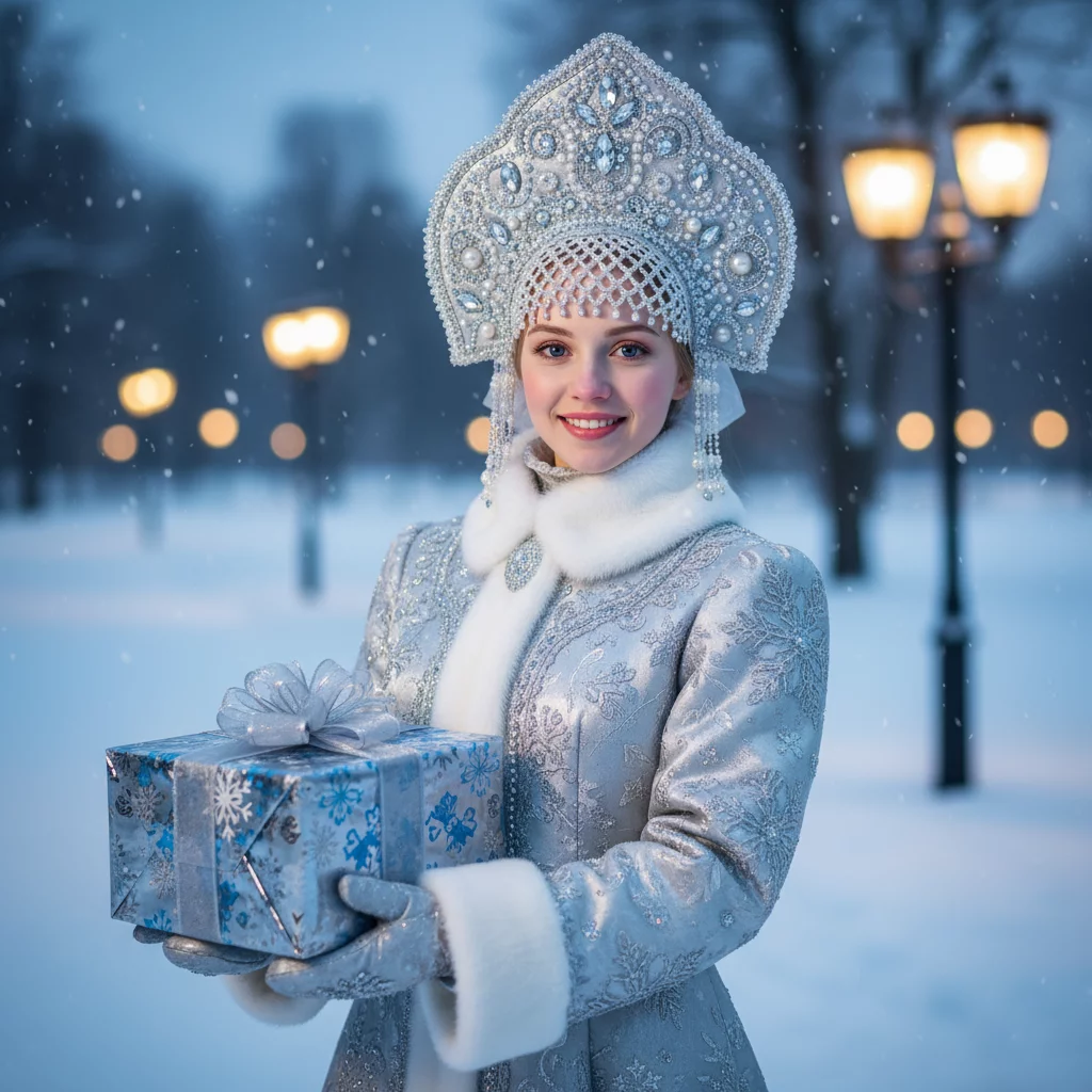 Снегурочка с подарком в парке