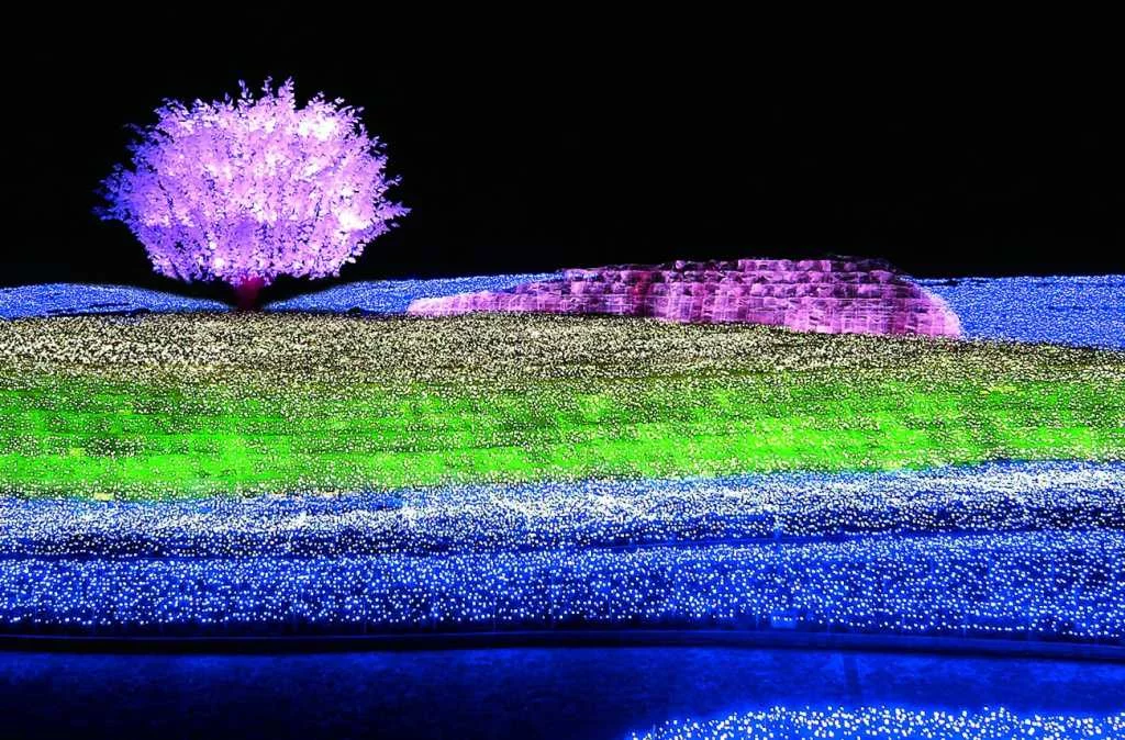 Как освещают парки в разных странах Световой туннель в парке Nabana no Sato