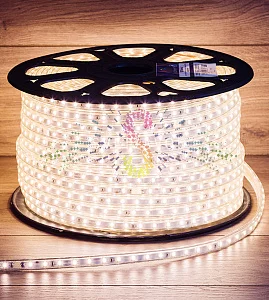 Светодиодная лента Тейп Лайт 60SMD5730, 220В, 13х6,5мм, теплая белая, IP67, 100м, Neon-Night