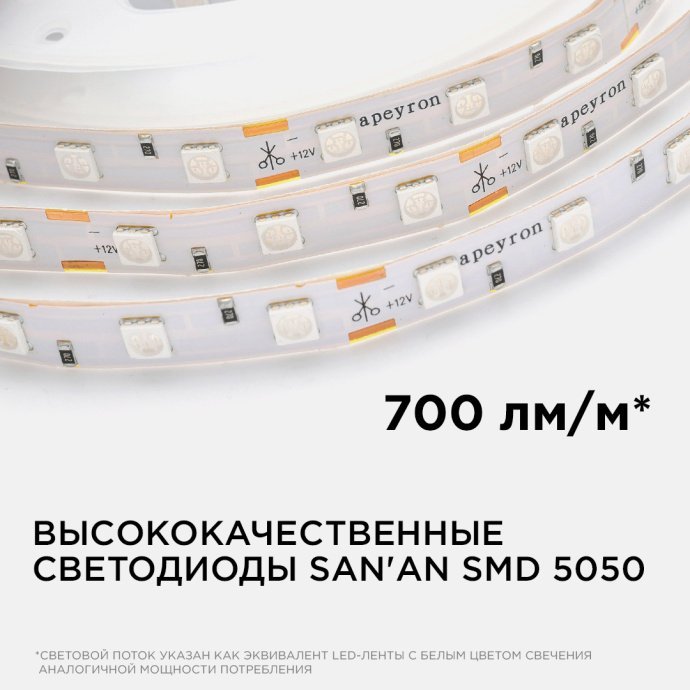 Светодиодная лента 12В, SMD5050, 60LED/м, IP20, 5м, яркое зеленое свечение 700 Лм/м.
