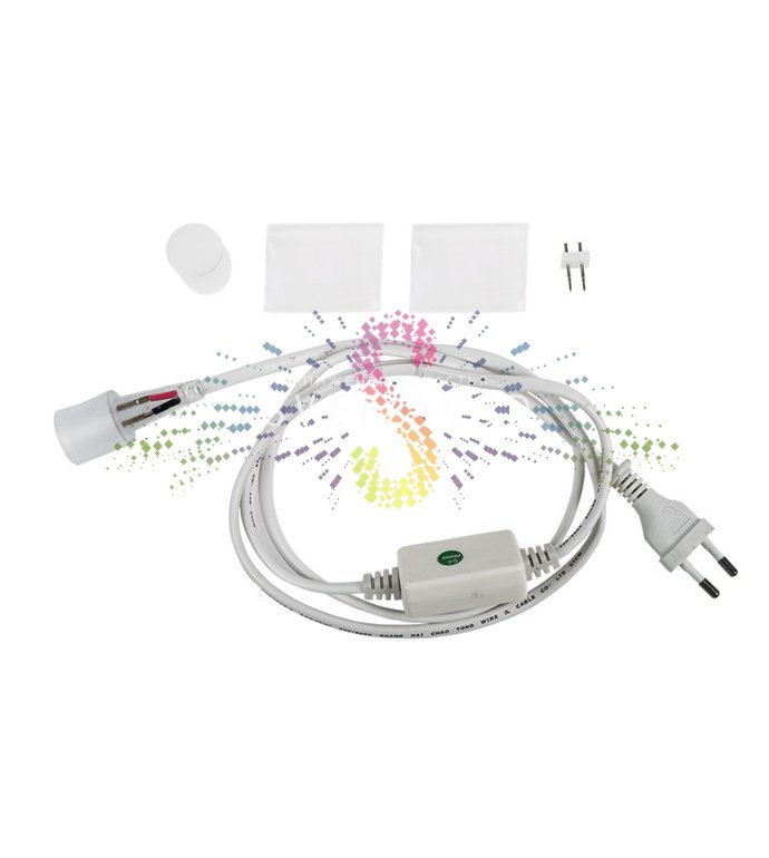 Крупный план установочного набора для гибкого светодиодного неона (Led Neon Flex) диаметром 16 мм с круглым сечением, белой ПВХ трубкой и силиконовой оболочкой. Крупный план установочного набора для гибкого светодиодного неона (Led Neon Flex) диаметром 16 мм с круглым сечением, белой ПВХ трубкой и силиконовой оболочкой.