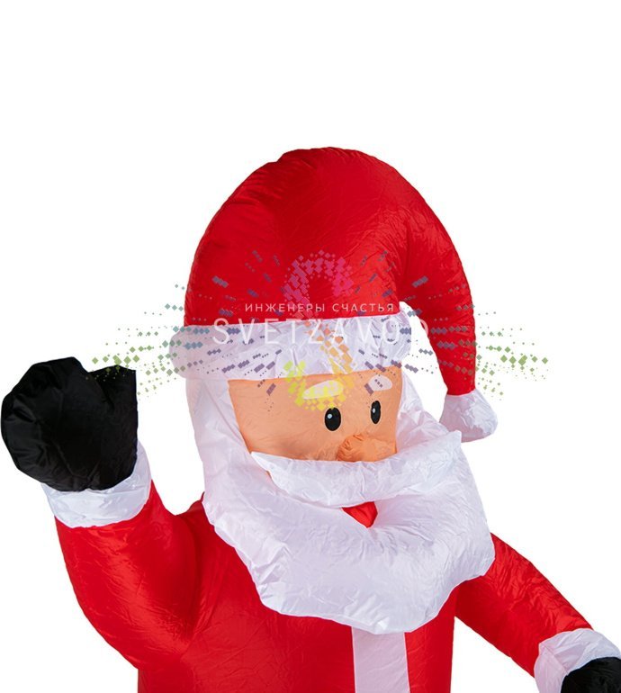 Детальное фото надувной фигуры 3D Дед Мороз 180 см от Neon-Night. Видны светодиодная подсветка, прочный ПВХ материал, компрессор и элементы крепления в комплекте.