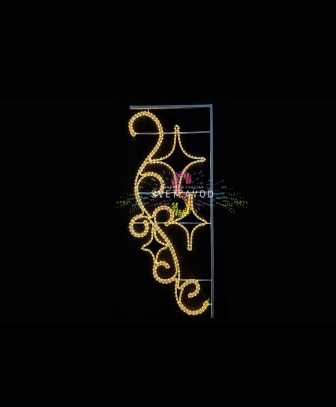 Крупный план светодиодной консоли 'Две звезды' с металлическим каркасом, бандажным креплением и равномерным теплым белым свечением светодиодов. Видны габариты 170х68 см.