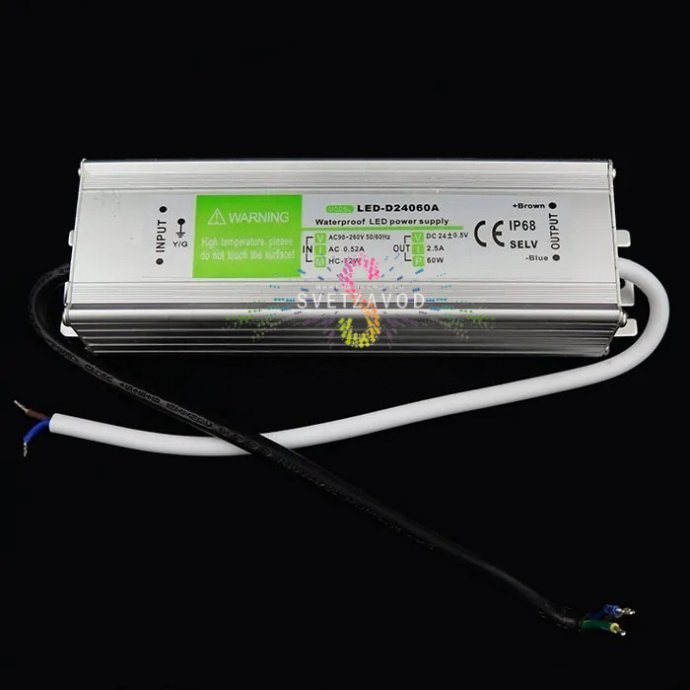 Детальное изображение влагозащищенного блока питания 24В 300W IP68 в металлическом корпусе. Видны клеммы для подключения, маркировка напряжения 220/24В и степени защиты IP68.