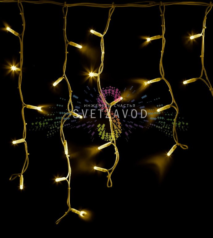 Детальное фото светодиодной бахромы Айсикл: горизонтальный кабель 4.8м с вертикальными нитями длиной 10, 20, 40, 60 см, желтые светодиоды, белый каучуковый провод, степень защиты IP65.