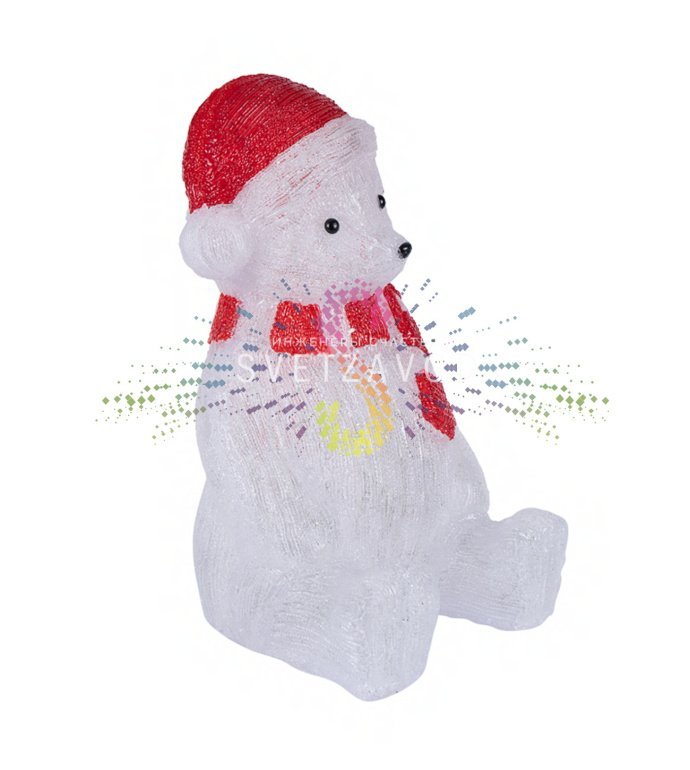 Детальное фото акриловой 3D фигуры Медвежонок в красном колпаке с 200 светодиодами, демонстрирующее конструкцию, каркас и равномерное свечение.