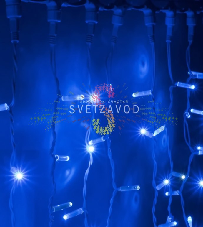 Детальное фото светодиодного дождя 2х1,5м: синие мерцающие светодиоды на белых ПВХ проводах, горизонтальный шлейф 2м с 20 нитями по 1,5м. Детальное фото светодиодного дождя 2х1,5м: синие мерцающие светодиоды на белых ПВХ проводах, горизонтальный шлейф 2м с 20 нитями по 1,5м.