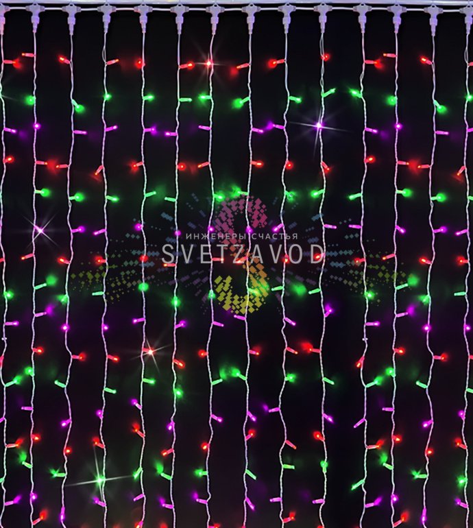 Детальное фото светодиодного дождя Rich Led 2х6м: горизонтальный шлейф, 20 вертикальных нитей по 6м с диодами, белый ПВХ провод, коннекторы.