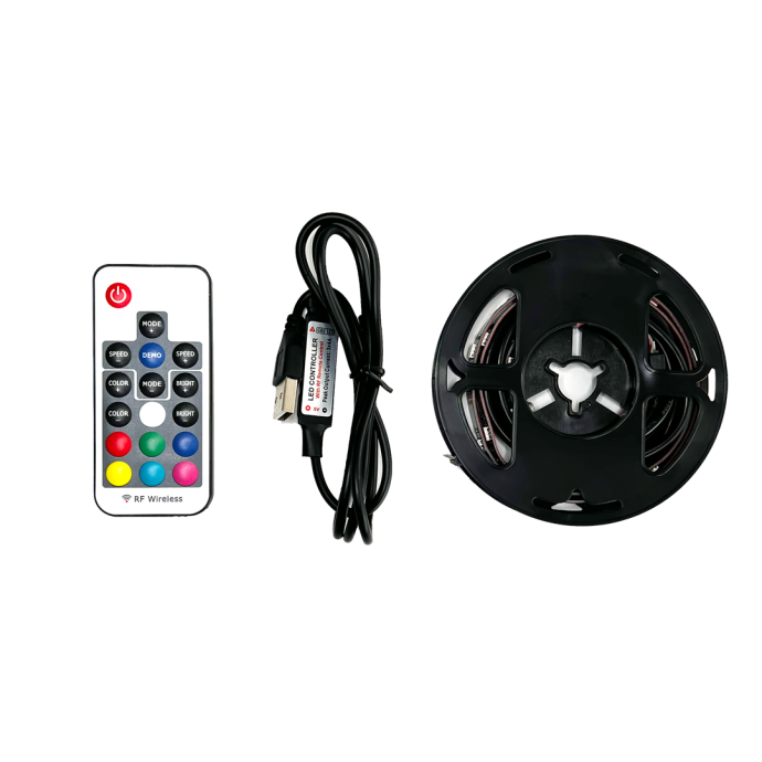 Комплект RGB подсветки ТВ: лента SMD5050 5В 2x0,5м, чёрная PCB, IP20, контроллер с пультом, USB.