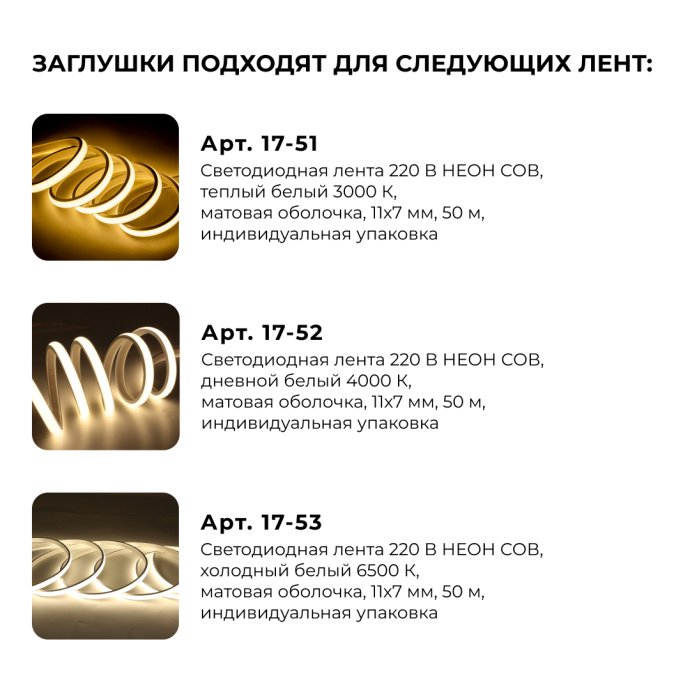 Детальное изображение прозрачной заглушки из мягкого пластика для неон COB 220В, обеспечивающей защиту IP65.