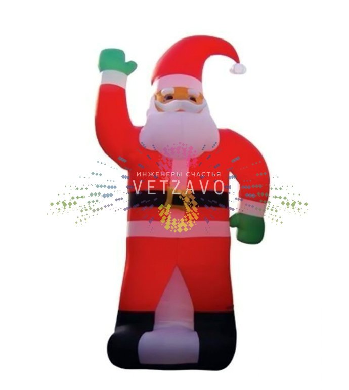 Крупный план надувной фигуры 3D Дед Мороз 600 см от Neon-Night, установленной на улице. Видны детали конструкции, светодиодная подсветка и крепления.