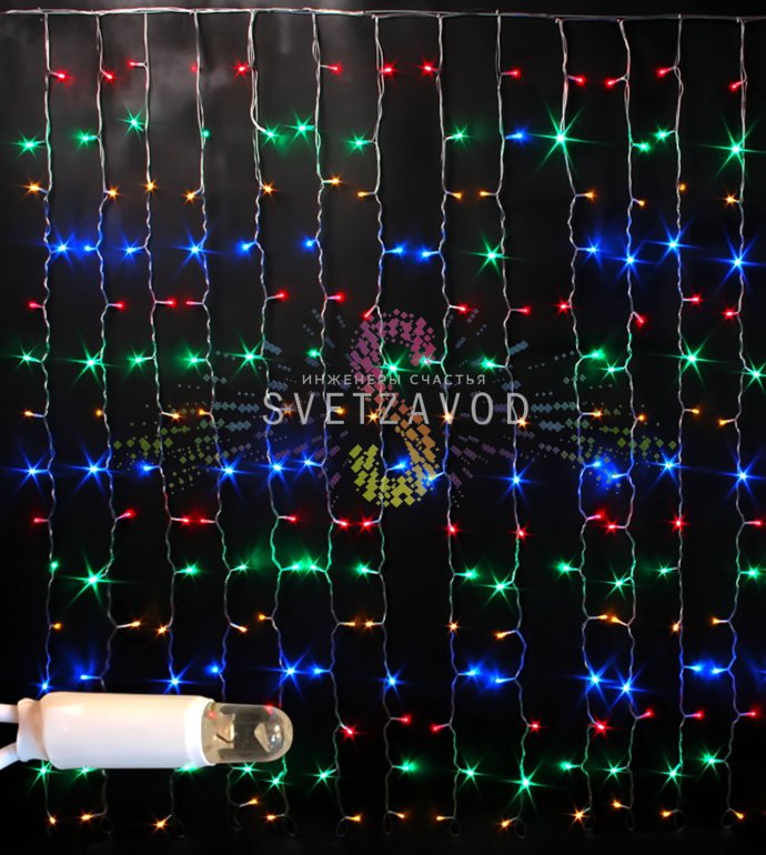 Детальное изображение светодиодного дождя 2х1,5 метра с 20 нитями, 300 светодиодами, белым ПВХ кабелем и защитными колпачками.