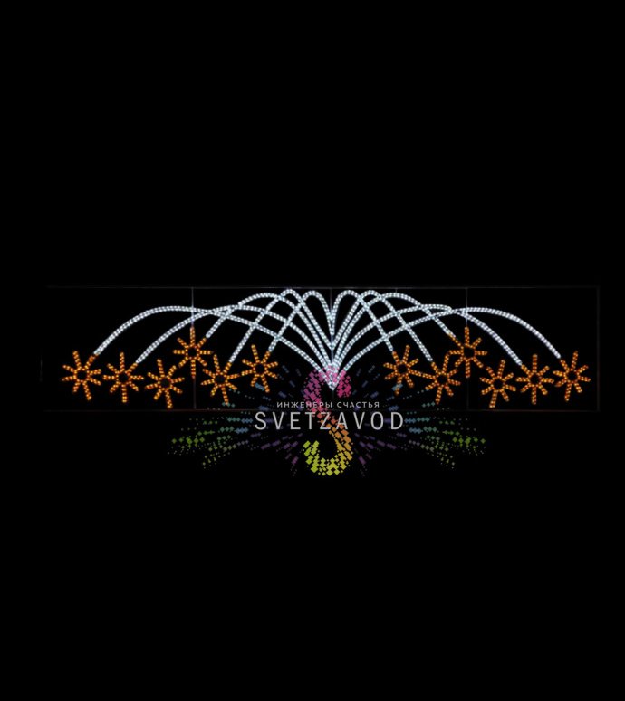 Детальное фото светодиодной перетяжки Фейерверк-звездопад: металлический каркас 20х20 мм, светодиоды на дюралайте, крепление нейлоновыми хомутами.