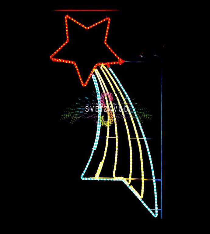 Детальное фото светодиодной консоли Звезда с лентой: металлический каркас, 432 диода, крепление бандажной лентой, размеры 150х70х3 см