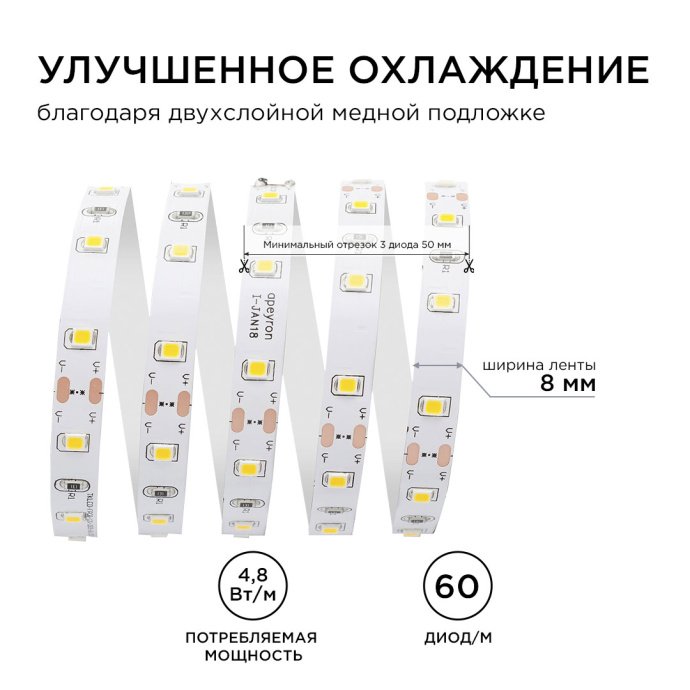 Светодиодная лента 12В SMD 3528 60д/м 5м теплый белый IP20, гибкая подложка 8мм, 280Лм/м, для декора