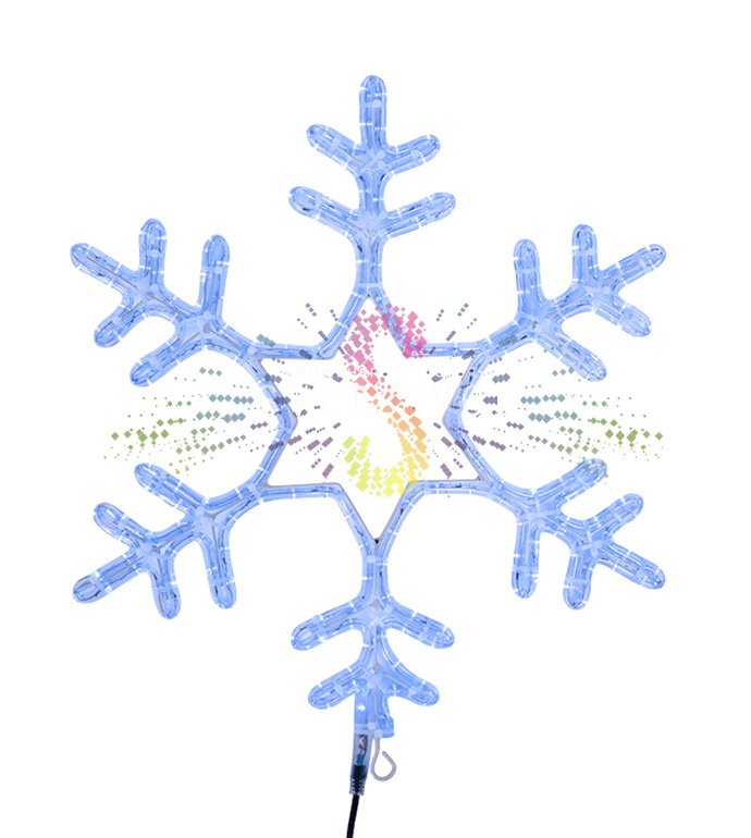 Детальное фото светодиодной снежинки Neon-Night: синее свечение, металлический каркас с порошковой покраской, вилка питания, ушко для монтажа.
