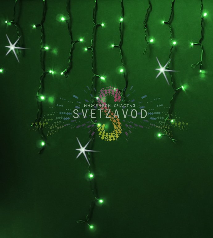 Детальное фото светодиодной бахромы Айсикл Rich Led: зеленые мерцающие светодиоды на черном ПВХ-кабеле, коннекторы для соединения, размер 3х0,9 метра.