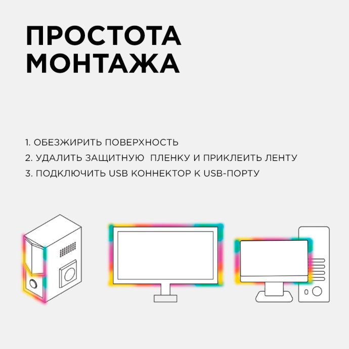 Комплект RGB подсветки ТВ: лента SMD5050 5В 2x0,5м, чёрная PCB, IP20, контроллер с пультом, USB.