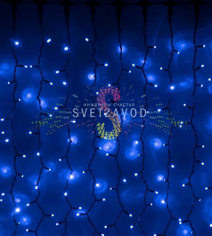 Детальное фото светодиодного дождя SPL-518: черный ПВХ провод, 20 нитей по 1.5 м с синими светодиодами, эффект мерцания, степень защиты IP65.