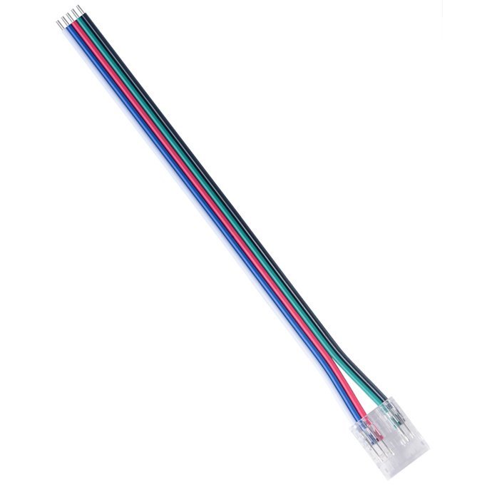 Прозрачный коннектор 5 pin для RGBW COB ленты 12мм с защелкой и проводами 15см, рядом LED лента