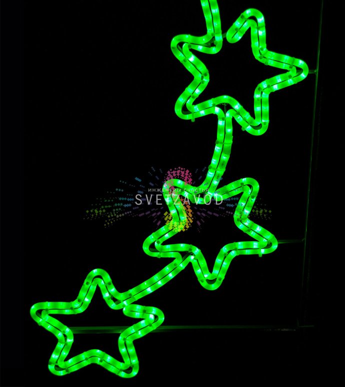 Детальное фото зеленой светодиодной консоли Пять звезд. Видны металлический каркас, светодиодный дюралайт и крепления.