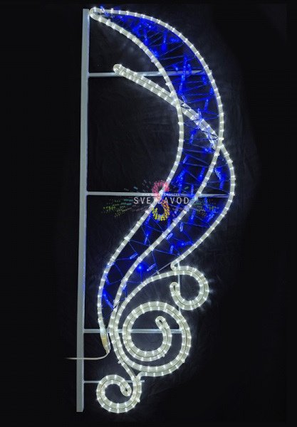 Детальное фото светодиодной консоли "Юнона" для уличного декора. Видны металлический каркас, светодиодные линии синего и белого свечения, размеры 137х53 см.
