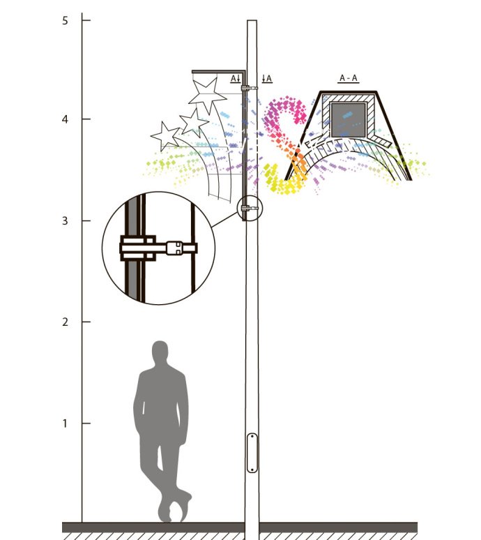 Детальное фото светодиодной консоли «Звездный триколор» на металлическом каркасе, закрепленной на уличном столбе. Видны светодиодные модули и крепление бандажной лентой. Детальное фото светодиодной консоли «Звездный триколор» на металлическом каркасе, закрепленной на уличном столбе. Видны светодиодные модули и крепление бандажной лентой.