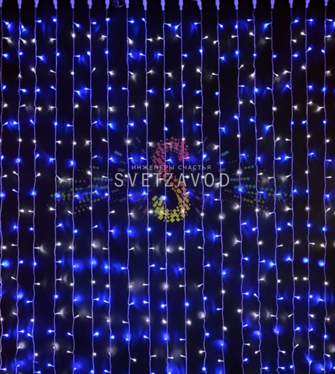 Детальное фото светодиодного дождя Rich Led: 20 вертикальных нитей по 3 метра, белый ПВХ кабель, защита IP65, подключение от 220В.