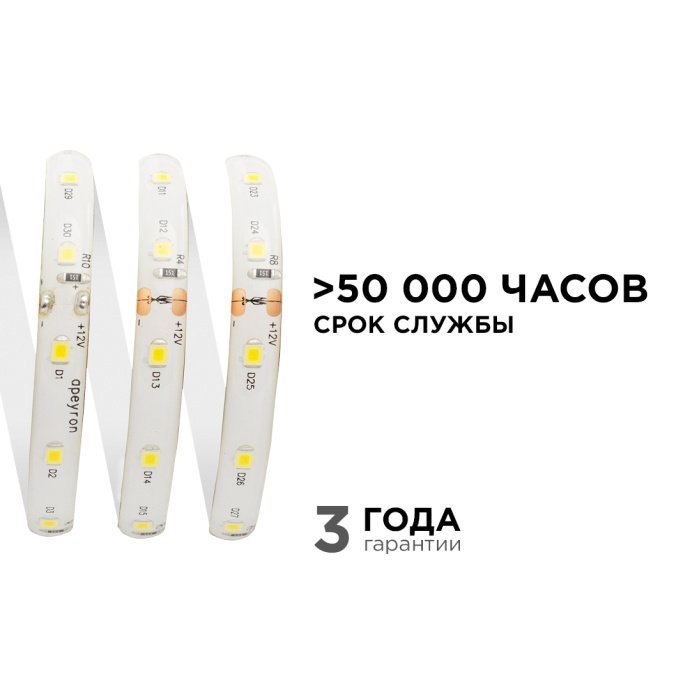 Детальное фото: светодиодная лента 12В SMD3528 дневной белый, IP65, гибкая белая основа, 60 диодов на метр, контакты для реза 50 мм.