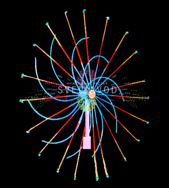 Крупный план светодиодного фейерверка Колесо SFW-215: металлический каркас, 30 пластиковых лучей, контроллер и блок питания в комплекте.