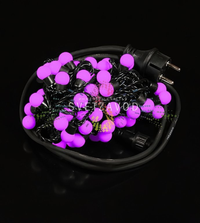 Детальное фото гирлянды Шарики: черный ПВХ-шнур, 60 розовых светодиодных шариков Ø15мм, блок питания 220В, степень защиты IP65.