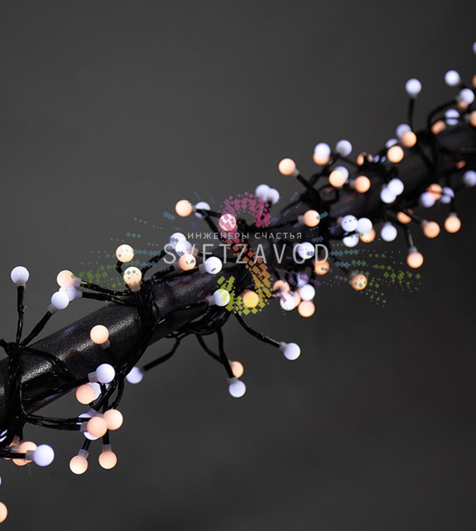 Детальное фото гирлянды Мишура Neon-Night SGG-720: черный ПВХ провод, 288 светодиодов теплого белого свечения, блок питания в комплекте.