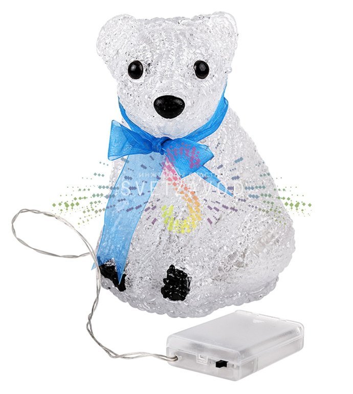 Детальное фото акриловой светодиодной фигуры Белый мишка. Видны 20 светодиодов, объемная конструкция высотой 20 см, материал акрил. Фигура в выключенном и включенном состоянии. Детальное фото акриловой светодиодной фигуры Белый мишка. Видны 20 светодиодов, объемная конструкция высотой 20 см, материал акрил. Фигура в выключенном и включенном состоянии.