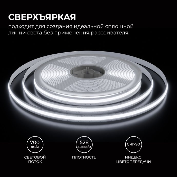Детальное фото LED ленты COB 5м, холодный белый 6500К, 528 д/м, медная подложка, рез 1мм, IP20