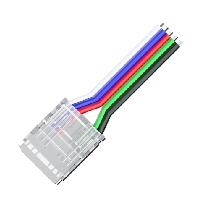 Прозрачный коннектор 5 pin для RGBW COB ленты 12мм с защелкой и проводами 15см, рядом LED лента