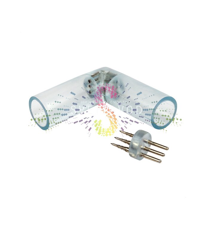 Крупный план L-образного соединительного коннектора SLD-503 для трехжильного дюралайта диаметром 13 мм, упакованного в пакет.